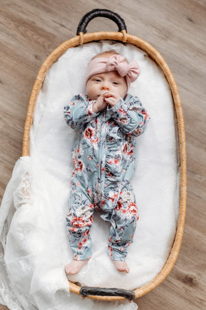 Sadie Winter Green Floral Ruffle Zippie Jumpsuit/Sleeper