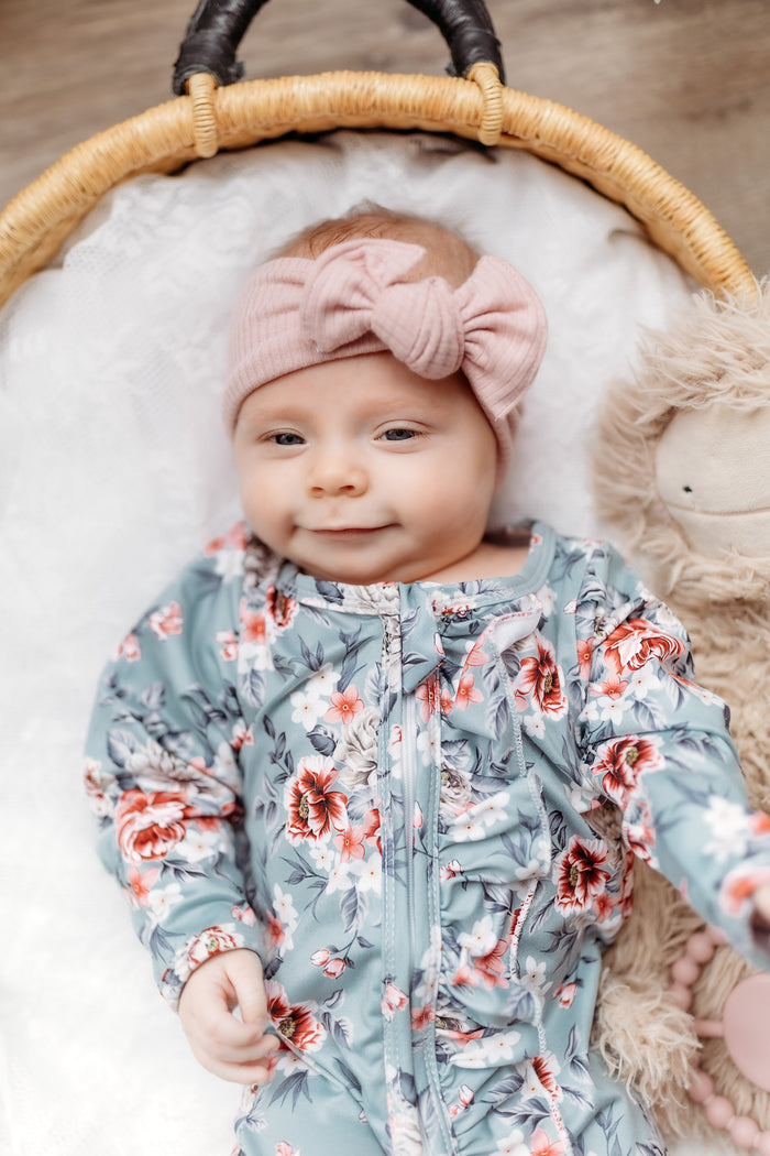 Sadie Winter Green Floral Ruffle Zippie Jumpsuit/Sleeper