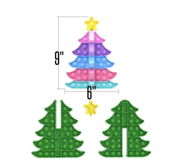 dimensions of the pop it christmas tree - 9 inches tall by 6 inches wide, and the separated pieces