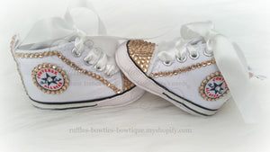 White and Gold Crystal Baby Converse High Tops- Crystal Shoes - Pre Walker Shoes - Baby Girl Shoes - Wedding - Christening - Baptism - Baby,  - Ruffles & Bowties Bowtique