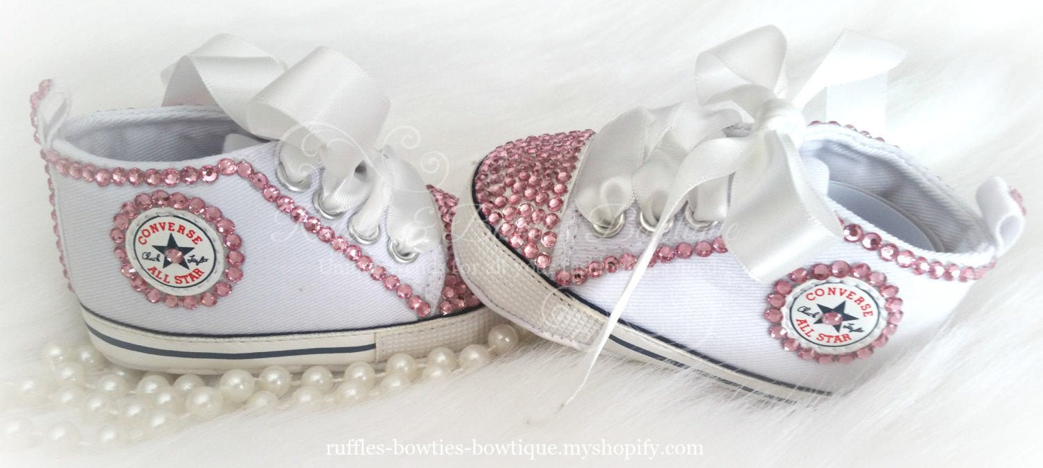 White and Pink Crystal Baby Converse High Tops - Crystal Shoes - Pre Walker Shoes - Baby Girl Shoes - Wedding - Christening - Baptism- Baby,  - Ruffles & Bowties Bowtique