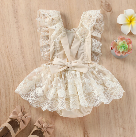 Taupe & Ivory Vintage Lace Skirted Romper | Ruffles & Bowties Bowtique