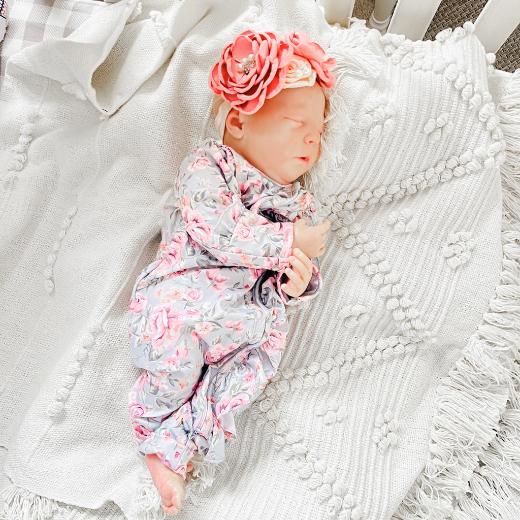 Sadie Vintage Green Floral Ruffle Zippie Jumpsuit/Sleeper