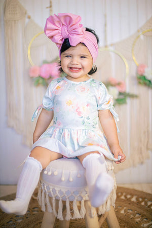 Girls Green & Peach Floral Skirted Romper