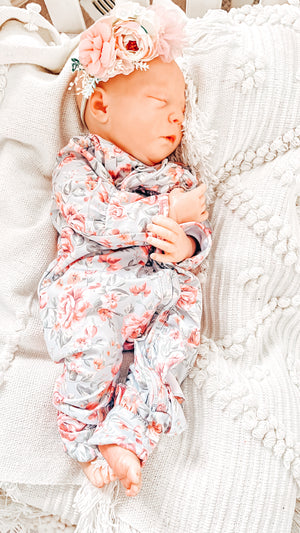 Sadie Vintage Green Floral Ruffle Zippie Jumpsuit/Sleeper