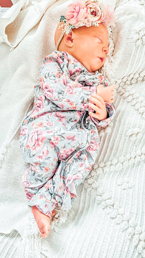 Sadie Vintage Green Floral Ruffle Zippie Jumpsuit/Sleeper