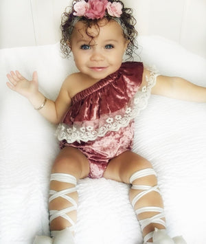 Kryssi Kouture Exclusive "Isn't She Lovely" ® Baby Girls Dusty Rose Velvet and Lace Off the Shoulder Bodysuit Romper, Romper - Ruffles & Bowties Bowtique