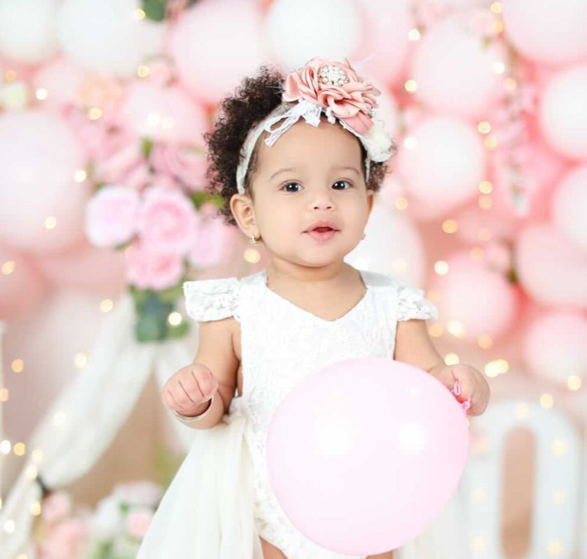 Pink Flower with Pearl, Feather & Tan Lace Headband