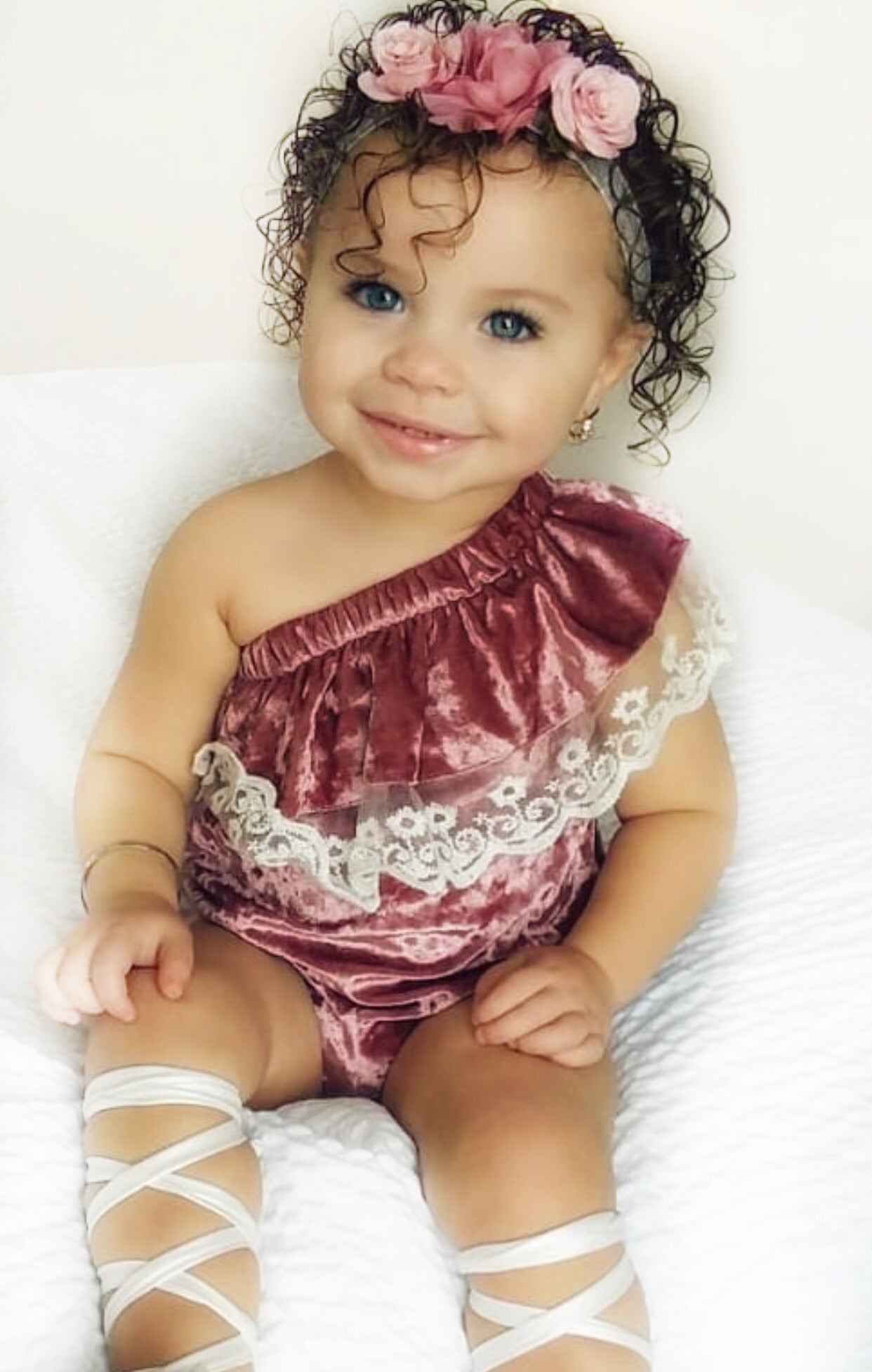 Kryssi Kouture Exclusive "Isn't She Lovely" ® Baby Girls Dusty Rose Velvet and Lace Off the Shoulder Bodysuit Romper, Romper - Ruffles & Bowties Bowtique