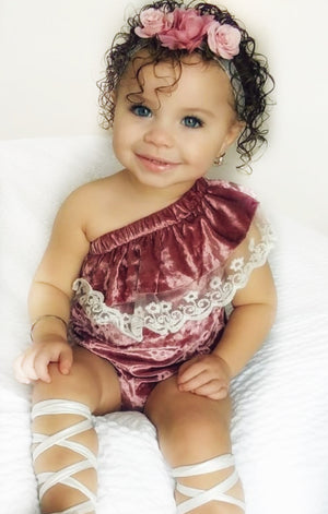 Kryssi Kouture Exclusive "Isn't She Lovely" ® Baby Girls Dusty Rose Velvet and Lace Off the Shoulder Bodysuit Romper, Romper - Ruffles & Bowties Bowtique