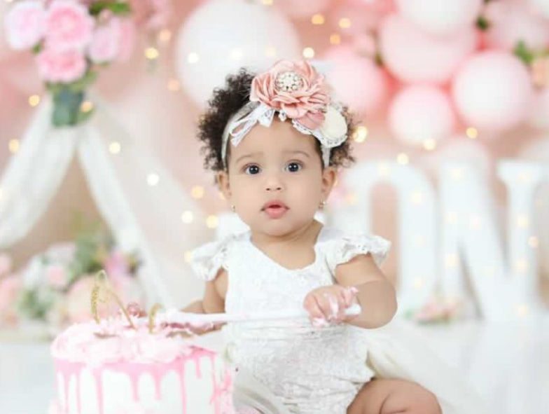 Pink Flower with Pearl, Feather & Tan Lace Headband