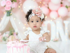 Pink Flower with Pearl, Feather & Tan Lace Headband