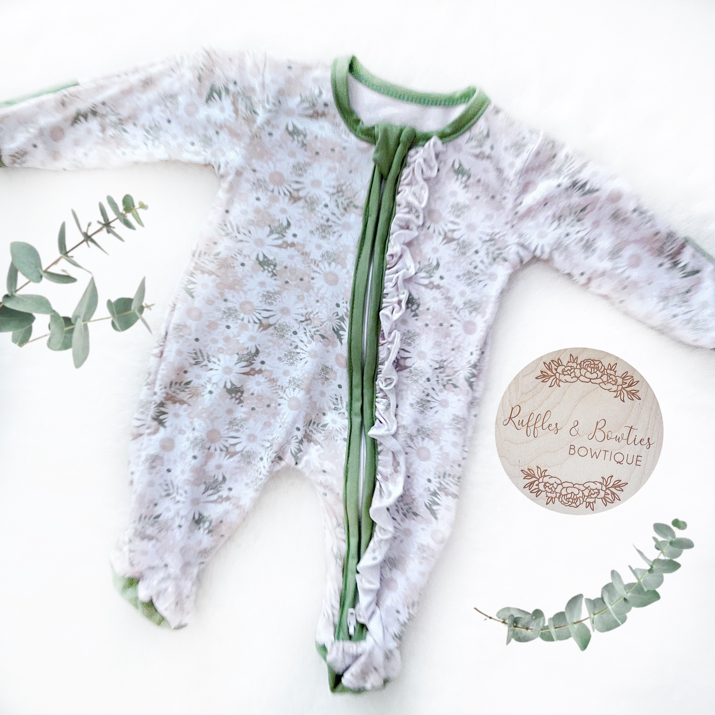 Premier Baby Printed Bamboo Ruffle Zippies - Ivory Daisy with Olive Trim
