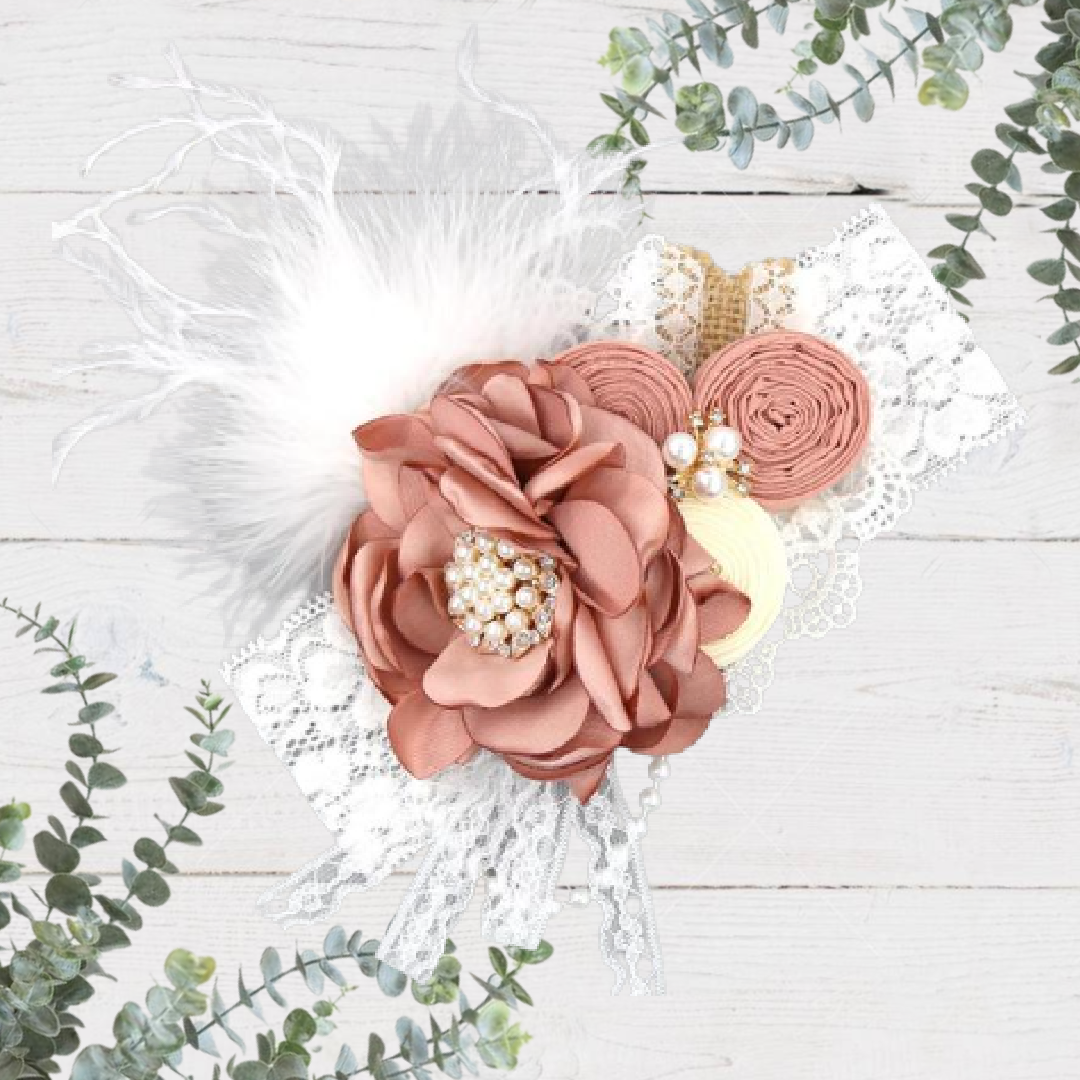 Dusty Rose Flower with Pearl, Feather & White Lace Headband