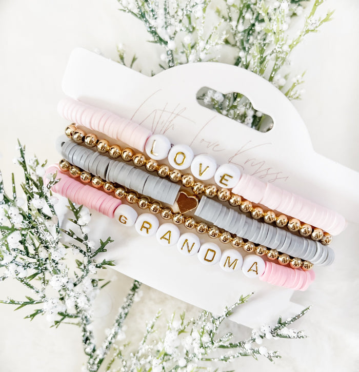 Trending Pink, Grey & Gold 5 Stack Bracelets - Love Grandma
