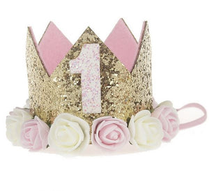 Pink and Gold Glitter First and Second Birthday Floral Princess Crown - One or Two