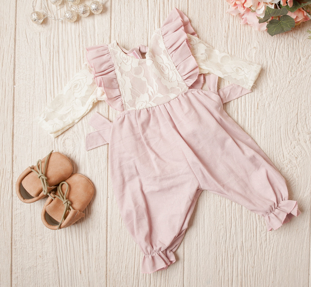 Baby Girls Elizabeth Dusty Pink Linen Jumpsuit With Matching Lined Body Suit - 2 Pc Set