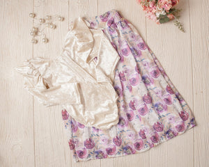 Mustard Rose Bloom Chiffon Skirt with Matching Velvet Body Suit