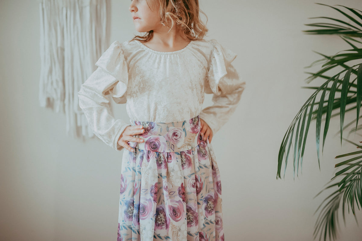 Mustard Rose Bloom Chiffon Skirt with Matching Velvet Body Suit