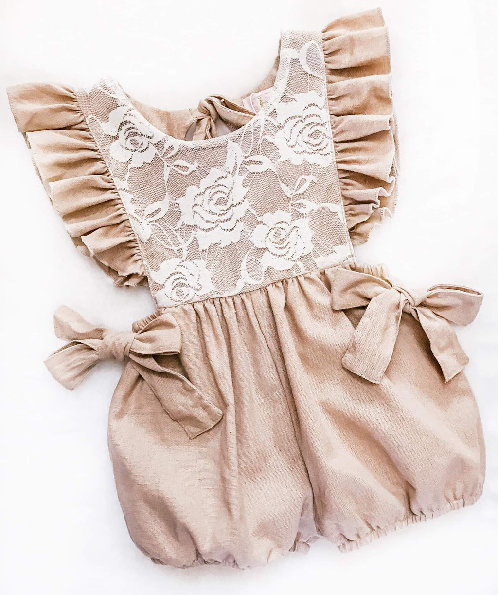 Tan Linen &Lace Ruffled Cap Sleeve Baby Romper/Jumper