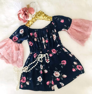 Kryssi Kouture Girls Navy & Dusty Rose Lace Bell Sleeve Romper