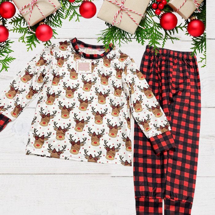 Kids 2 Pc Christmas Pajamas - Rudolph with Buffalo Plaid Bows