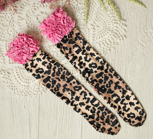 Girls Ruffle Knee High Socks / Pink Ruffle Leopard Sock