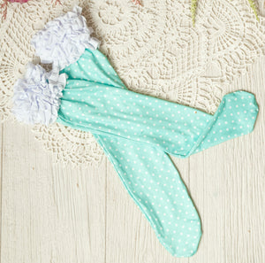 Girls Ruffle Knee High Socks / Teal Polka Dot