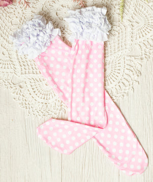 Girls Ruffle Knee High Socks / Pink Polka Dot