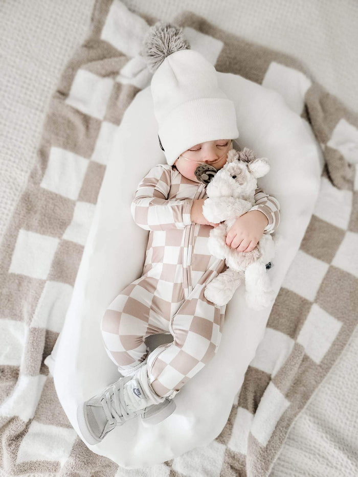 Boys Soft Sleepers With Double Zippers - Tan/Blush Check