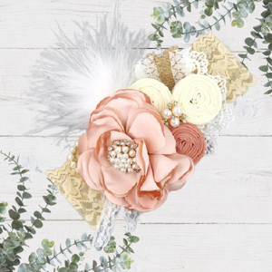 Pink Flower with Pearl, Feather & Tan Lace Headband