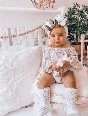 Kryssi Kouture Girls Maisie Pink Polka Dot Floral Bow Romper 2 Pc set