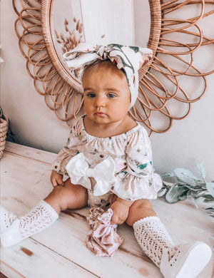 Kryssi Kouture Girls Maisie Pink Polka Dot Floral Bow Romper 2 Pc set
