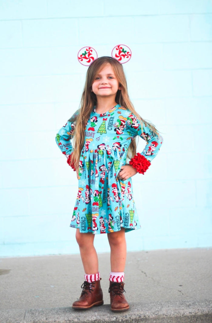 Turquoise Minnie Long Ruffle Sleeve Dress