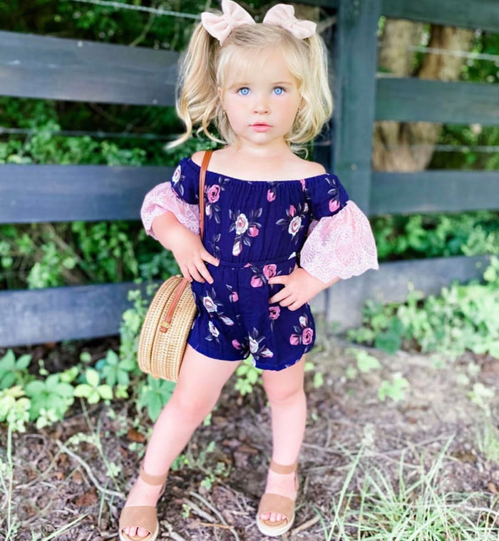 Kryssi Kouture Girls Navy & Dusty Rose Lace Bell Sleeve Romper