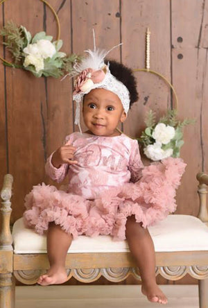Kryssi Kouture First Birthday Dusty Rose Long Sleeve Lace Leo Sets with Rose Gold One