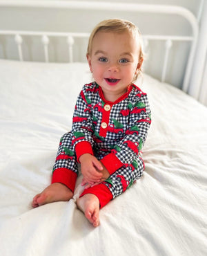 Toddler Black Buffallo plaid with red christmas  truck and christmas tree 2 pj baby christmas eve christmas card pajamas 2 pc