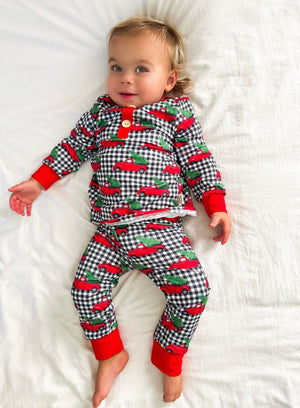 Fun Christmas Eve box Black Buffalo Plaid and Christmas truck holiday PJs & Pajamma kids 2 pc set