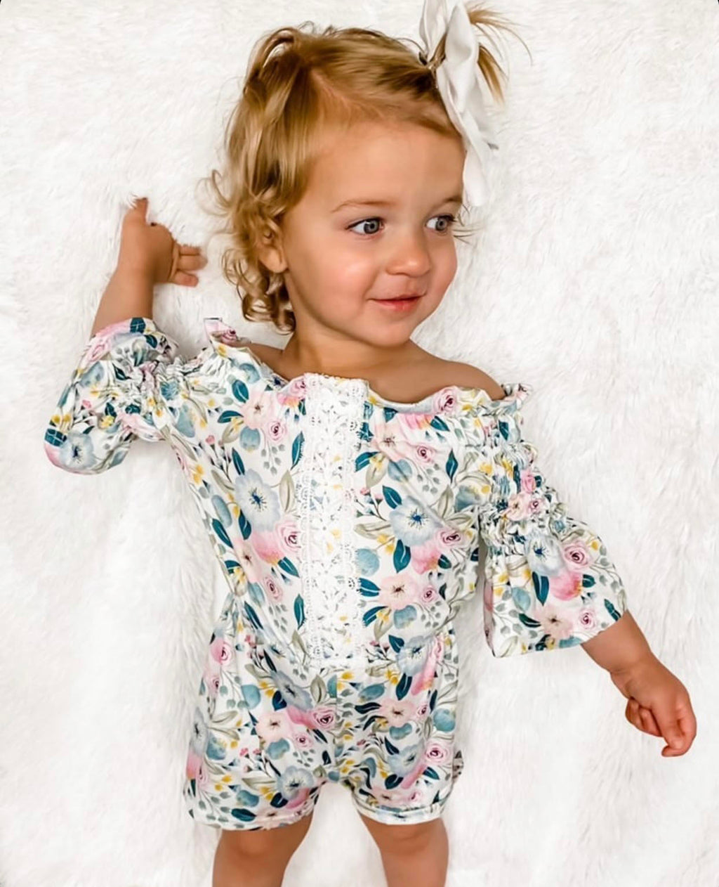 Kryssi Kouture Blue Watercolor Floral Lace & Floral Off Shoulder Romper
