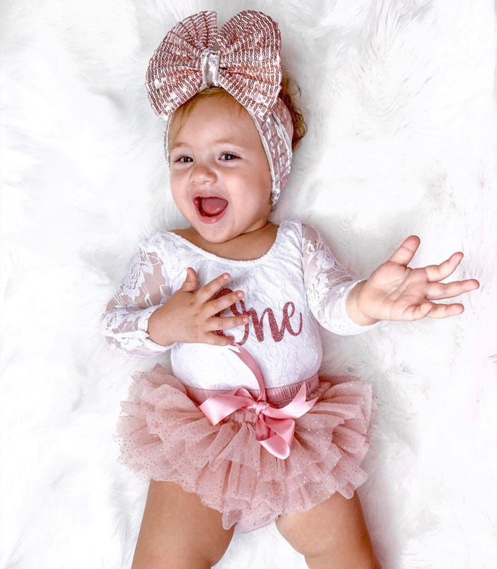 THE ORIGINAL - BEST SELLER - Kryssi Kouture First Birthday White Lace Leo Sets with Rose Gold One