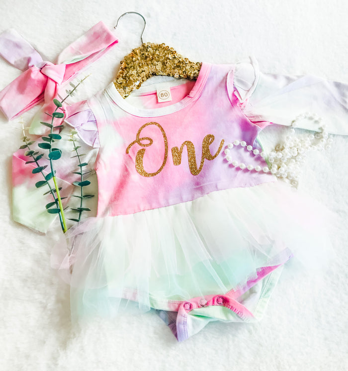 First Birthday Tie Dye Tutu Dress & Head Wrap