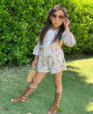 Kryssi Kouture Maisie Pink Polka Dot & Floral Off Shoulder Romper