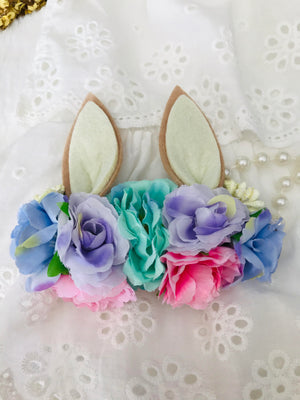 Girls Sweetest Bunny Ear Pastel Aqua, Purple and Pink Easter Floral Headband