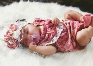 Kryssi Kouture Exclusive "Isn't She Lovely" ® Baby Girls Dusty Rose Velvet and Lace Off the Shoulder Bodysuit Romper