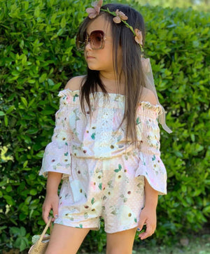 Kryssi Kouture Maisie Pink Polka Dot & Floral Off Shoulder Romper