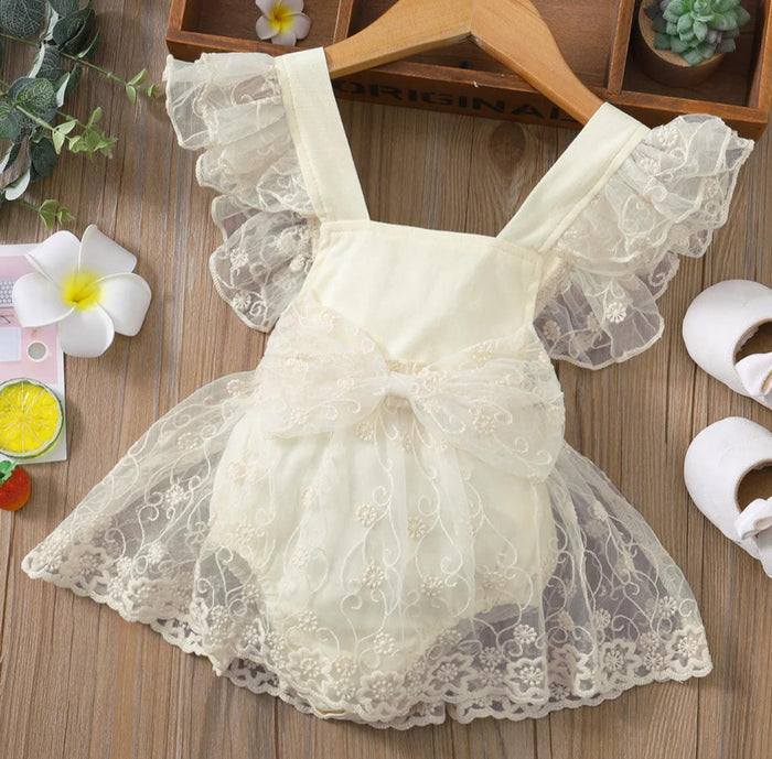Ivory Leafy Lace with Bow Birthday Tutu Romper