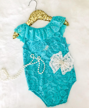 Teal Lace Scoop Back With Bow Romper Set