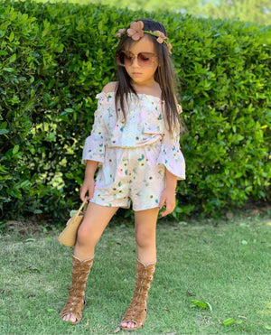 Kryssi Kouture Maisie Pink Polka Dot & Floral Off Shoulder Romper