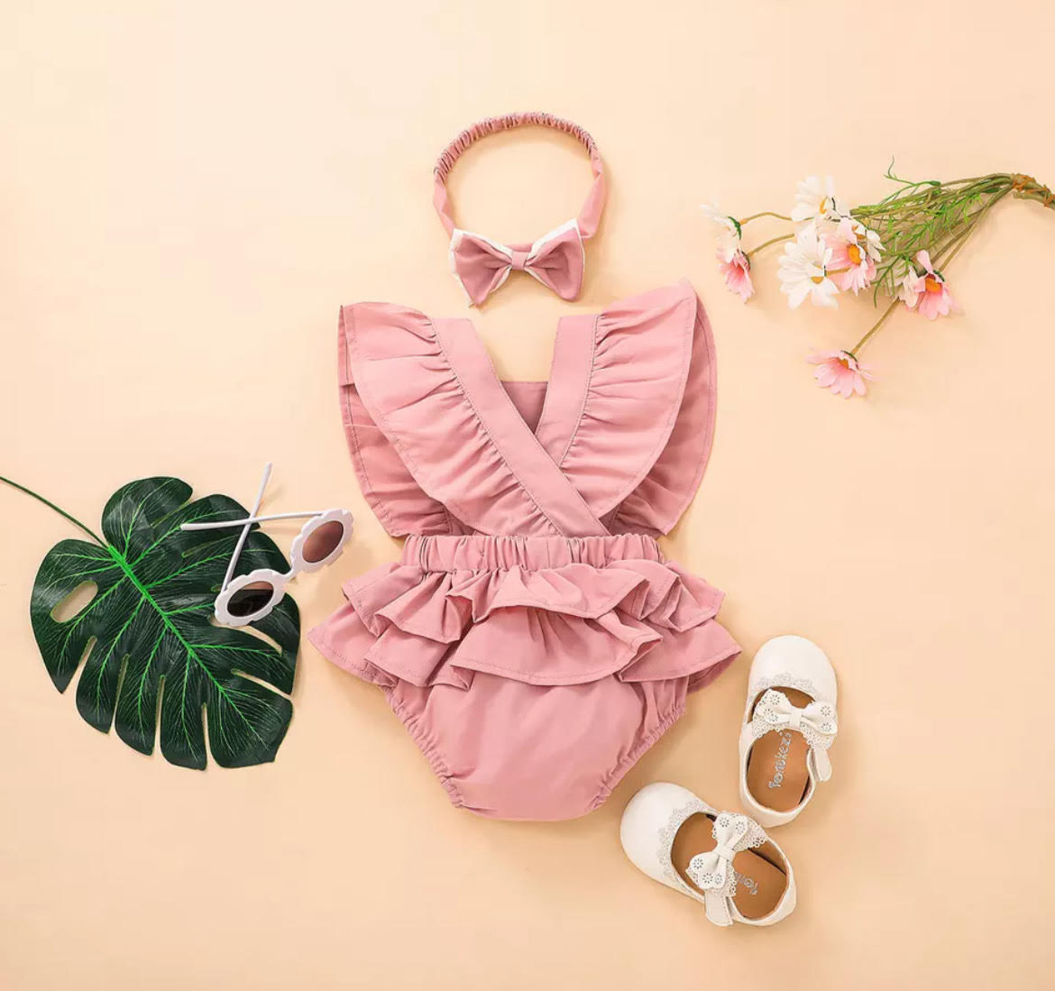 Baby Girl Dusty Pink Bow 7 Ruffle Romper, Birthday Outfit
