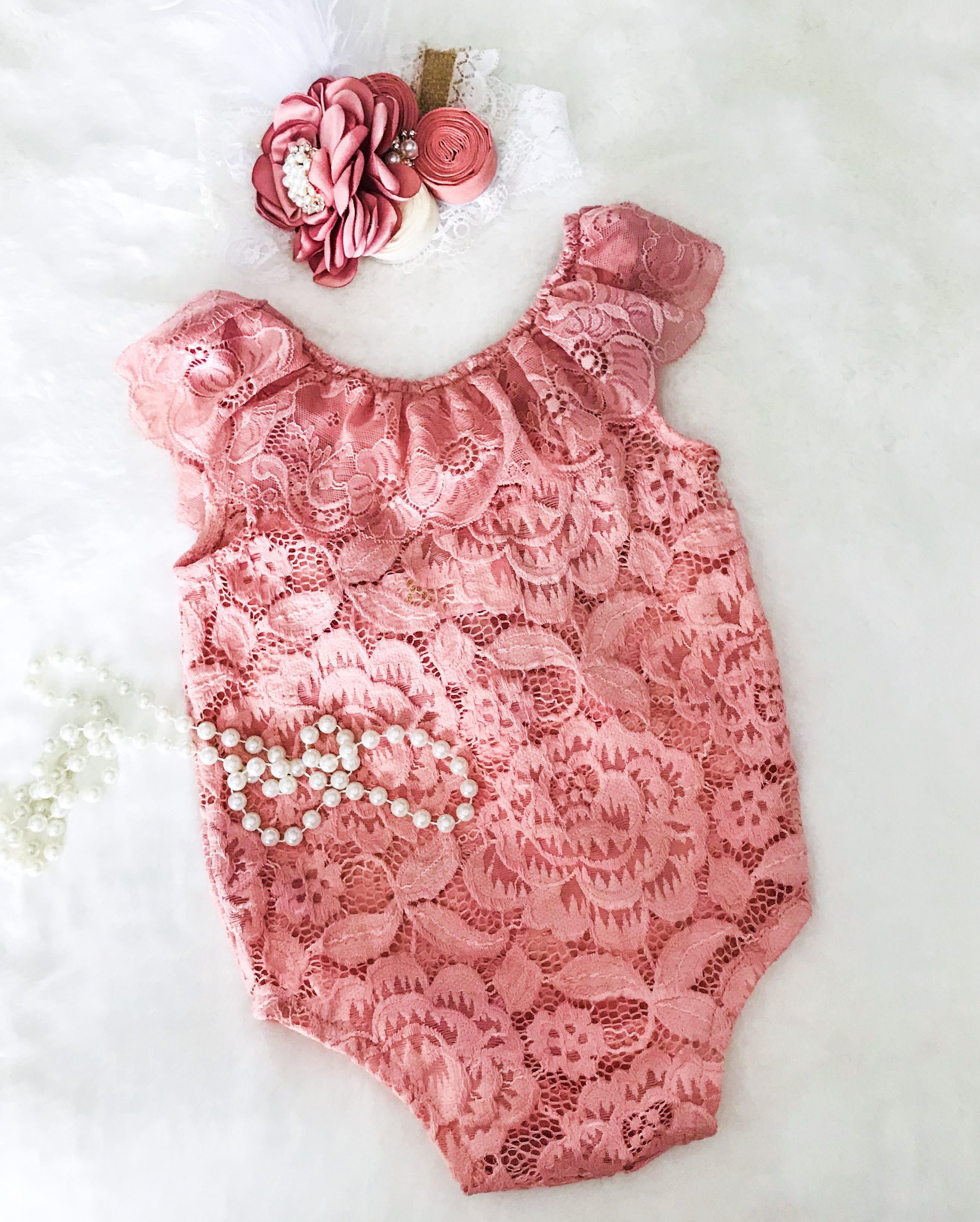Kryssi Kouture Dusty Rose Lace Scoop Back With Bow Romper Set